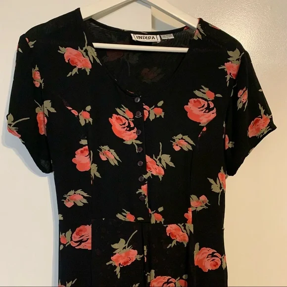 Indira L rayon midi dress ditzy floral flowers roses button front lined soft - Picture 2 of 14